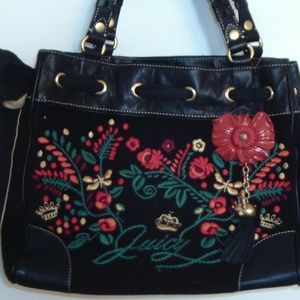 Black Floral Tote Bag Juicy Couture Velour Leather
